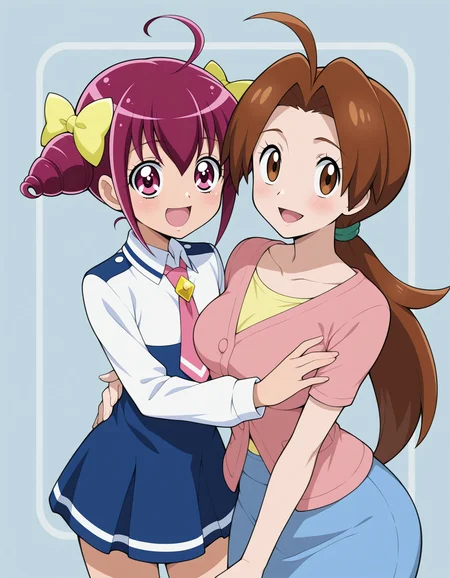 <lora:Hyper8:0.5> 2girls, couple, hug, happy,
hoshizora miyuki, smile precure!, pink hair, twin drills, pink eyes, nanairogaoka middle school uniform, pink necktie,
delia ketchum \(pokemon\), pokemon, long ponytail, low ponytail, brown hair, brown eyes, pink cardigan, collarbone, short sleeves, yellow undershirt, blue skirt, pencil skirt, mature female,, masterpiece, best quality, amazing quality, very aesthetic, absurdres