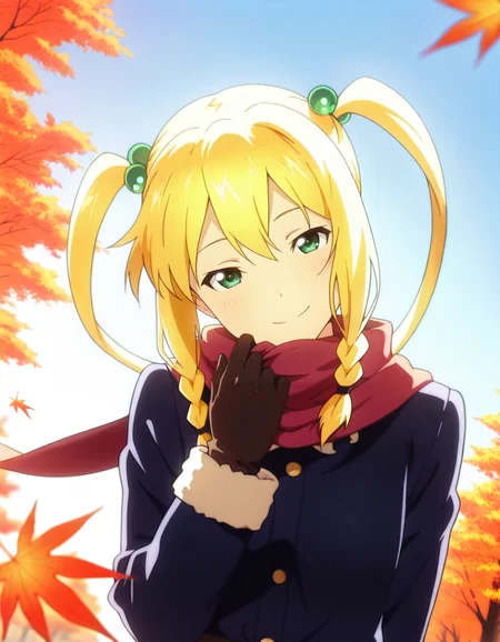 head tilt, happy, autumn, blue sky, scarf, wind, autumn leaves, gloves, cold, <lora:Kodama_Himegami_LCD_v01:1> kodamahimegamilcd, braid, twintails, hair bobbles, blonde hair, green eyes, long hair,
dutch angle, depth of field, HDR, 8K, masterpiece,best quality,amazing quality, highest score,