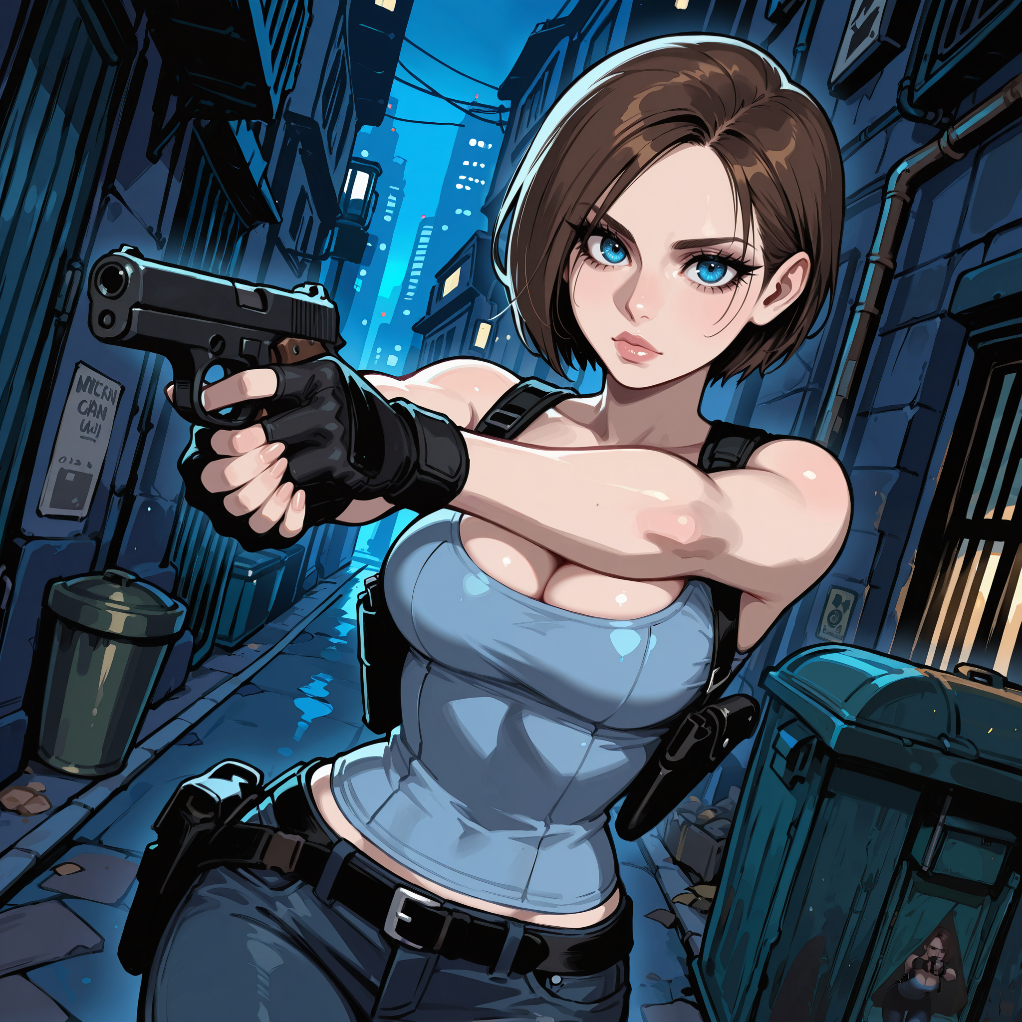 masterpiece, best quality,

dynamic angle, sexy pose, hands on pistol,

BREAK

perfect character, perfect hands, perfect fingers, detailed character, detailed face, detailed eyes, detailed eyelashes, detailed lips, 

1girl, jill valentine from resident evil, caucasian girl, fair skin color, brown hair color, medium length hair, blue eye color,

fit body, almond shaped eyes, long eyelashes, thick lips, round medium breasts, small narrow waist, wide hips,

BREAK

blue tank top, cleavage, black leather shoulder holsters, dark blue denim jeans, black fingerless gloves,

BREAK

detailed background, detailed scenery, outdoors, modern city, alleyway, in a dark alleyway, garbage:0.6, dumpster:0.6, nighttime, dark,