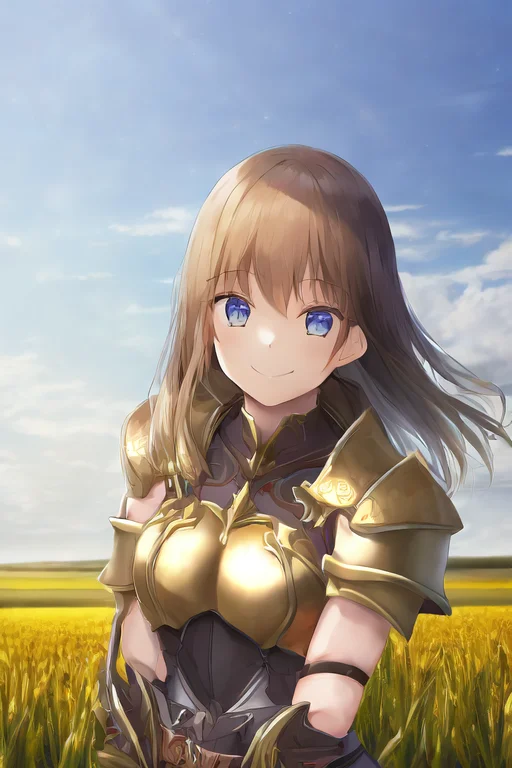 bangs, by sky-freedom, 1girl, solo, armor, fantasy, smile, bold outlines, golden hour, fields of war, dark skies, anatomy, upper body <lora:oekakizuki-v1-8k-lora:2.5>