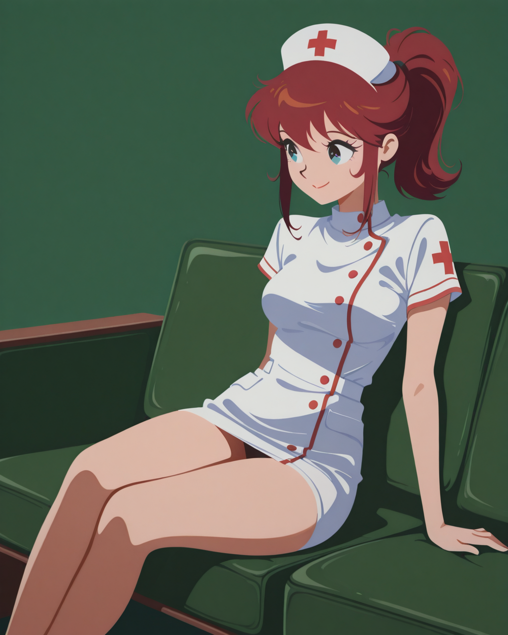 masterpiece,best quality,higres illustration,detailed face,1girl,<lora:minimaltoon_IL:1>,minimalism,smile,nurse,red hair,ponytail,sitting,couch,