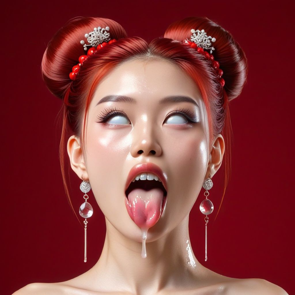 <lora:Kali_Yuga_Kali:0.7> kali,
 1girl, solo, jewelry, earrings, tongue, red hair, hair ornament, tongue out, hair stick, single hair bun, open mouth, makeup, cum on tongue, chinese woman, smile, red background, simple background, side pose, ahegao, eyes rolled up,
large quantity of (white thick saliva:1.4) dripping from mouth and tongue, <lora:ahegao_xl_v4_nd20_na10_cd20_ca10:1> (ahegao:1.2)
