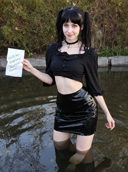 s2ms8ng, visible sensor noise, artificial over-sharpening, heavy HDR glow. A young woman in her early 20s, light skin, eastern european facial features, dark gothic pigtails with bangs. She stands awkwardly in a pond in a city park. her legs are submeged in water. Amateur photo, blown-out highlights and crushed shadows. She wears a black choker and a cross necklace, black loose crop top and black pvc wet pencil skirt, gothic vibe. Expression: sarcastic smirk, looking at the viewer. In her left hand, she holds a wrinkled piece of paper with the scribbled text "Shot on Supreme Korean Phone". Background: grainy bushes, reflective water with light artifacts. Daytime