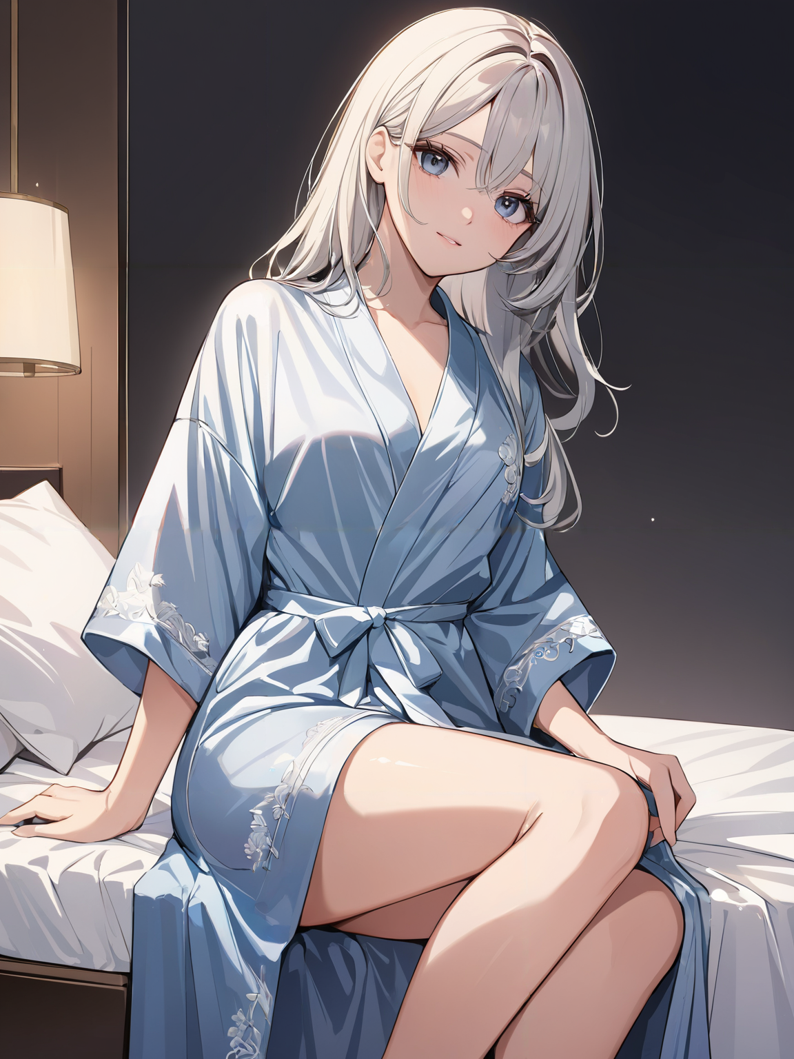 masterpiece,ultra-detailed,best quality,8K,illustration,cute face,clean skin ,shiny hair,girl,ultra-detailed-eyes,simple background, <lora:add-detail-xl:1> <lora:bathrobe_XL_V1.0:1> bathrobe,thighs