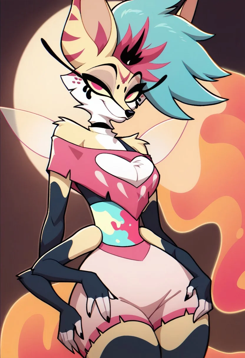 Score_9, score_8_up, score_7_up, score_6_up, score_5_up, score_4_up, 1girl, solo, curvy, big hips, thighs, cleavage, smile, QueenB, Anthro Fennec Fox, Furry Female, Mohawk Hair, Ethereal Hair, Multicolored Hair, Pink Eyes, Yellow Sclera, Long Eyelashes, Running Mascara, Yellow Fur, White Fur, Striped Ears, Multicolored Midriff, Pixie Wings, Four Arms, looking at viewer, Black Choker, Off-shoulder Top, Pink Crop Top, Black Bra, Clothing Cutout, Heart Shaped Cutout, Midriff, Pink Shorts