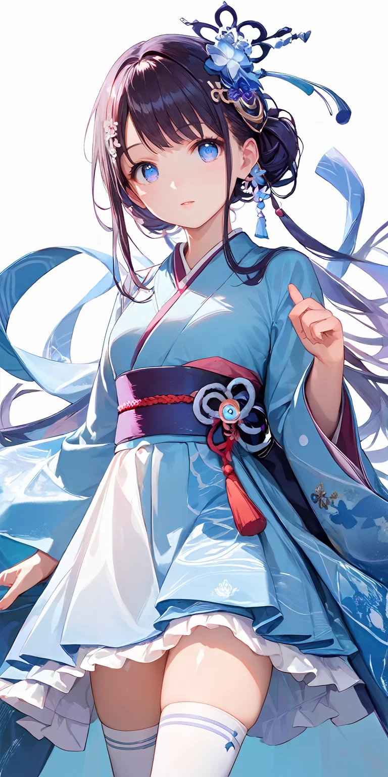 score_9, score_8_up, score_7_up,source_anime, high res image,masterpiece,best quality,girl,cute face,clear skin,shiny hair,ultra detailed eyes,simple background,
<lora:otohime_Pony_V1.0:1.2> jyojifuku,orihime, long sleeves, dress,kimono, hair ornament, shawl, thighhighs, frills