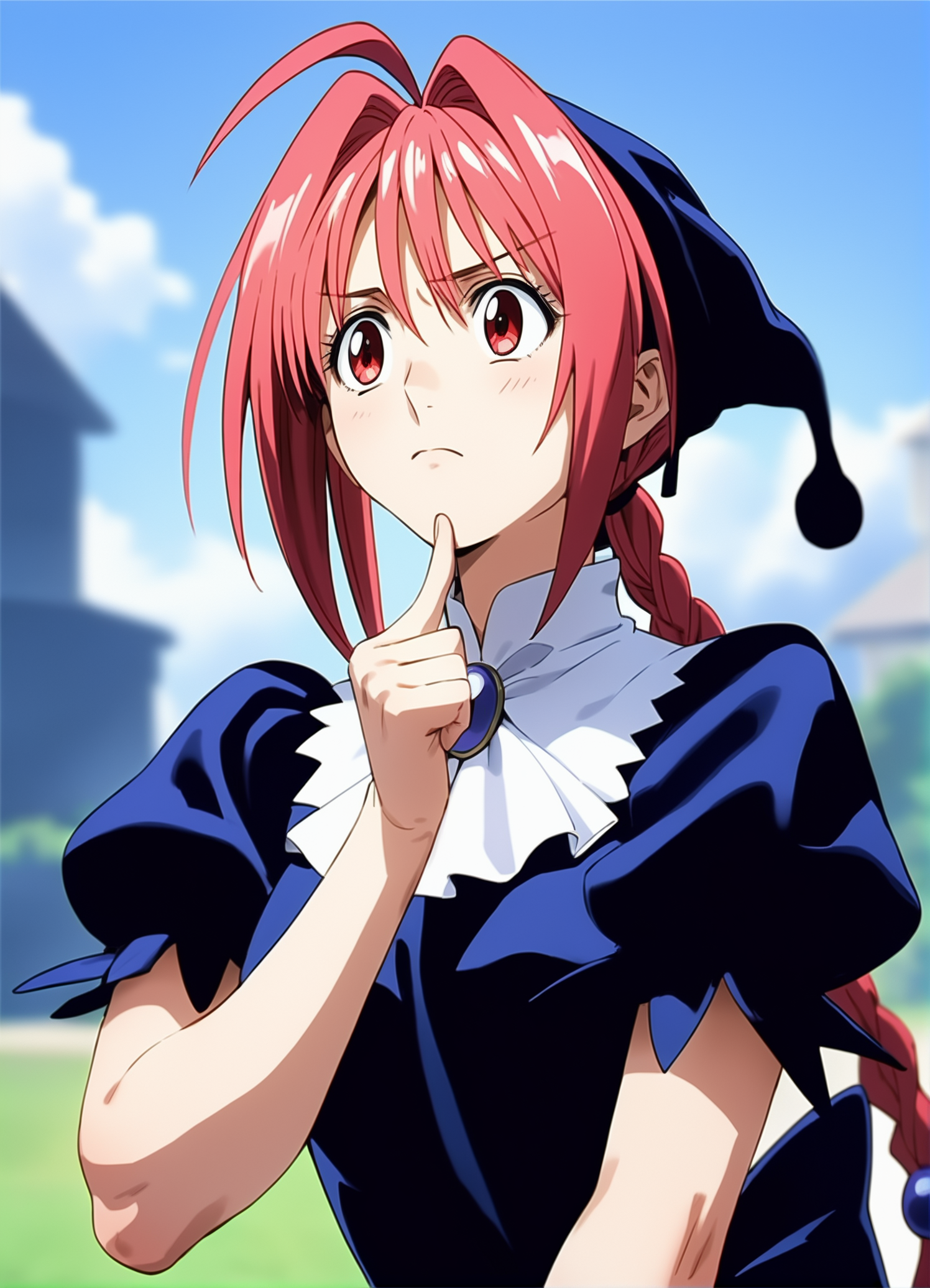 score_9,score_8_up,score_7_up,
<lora:dorothy>,doroshii,1girl,solo,
pale skin,red eyes,
long pink hair,ahoge,bangs,two braided pigtails,
black cap with ball on end,
black dress,short puffed sleeves,white collar,mail coach tie,dark purple jewel on tie,
looking up,raised eyebrows,closed mouth,confusion,front view,portrait,right hand with index finger resting on chin,
outdoors,blue sky,
vignetting,blurry background,