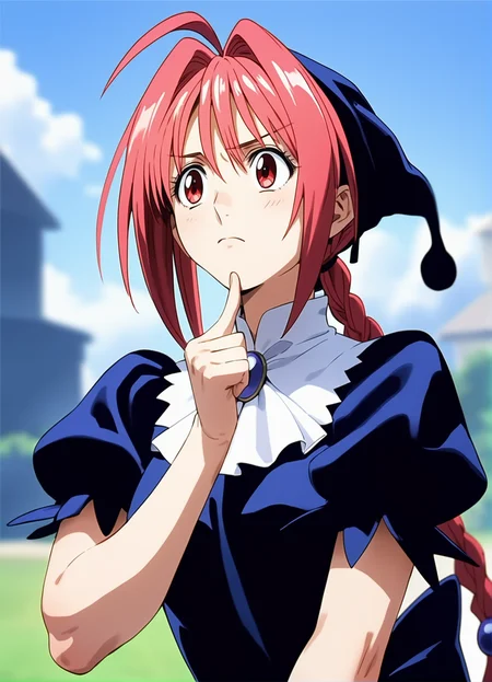 score_9,score_8_up,score_7_up,
<lora:dorothy>,doroshii,1girl,solo,
pale skin,red eyes,
long pink hair,ahoge,bangs,two braided pigtails,
black cap with ball on end,
black dress,short puffed sleeves,white collar,mail coach tie,dark purple jewel on tie,
looking up,raised eyebrows,closed mouth,confusion,front view,portrait,right hand with index finger resting on chin,
outdoors,blue sky,
vignetting,blurry background,
