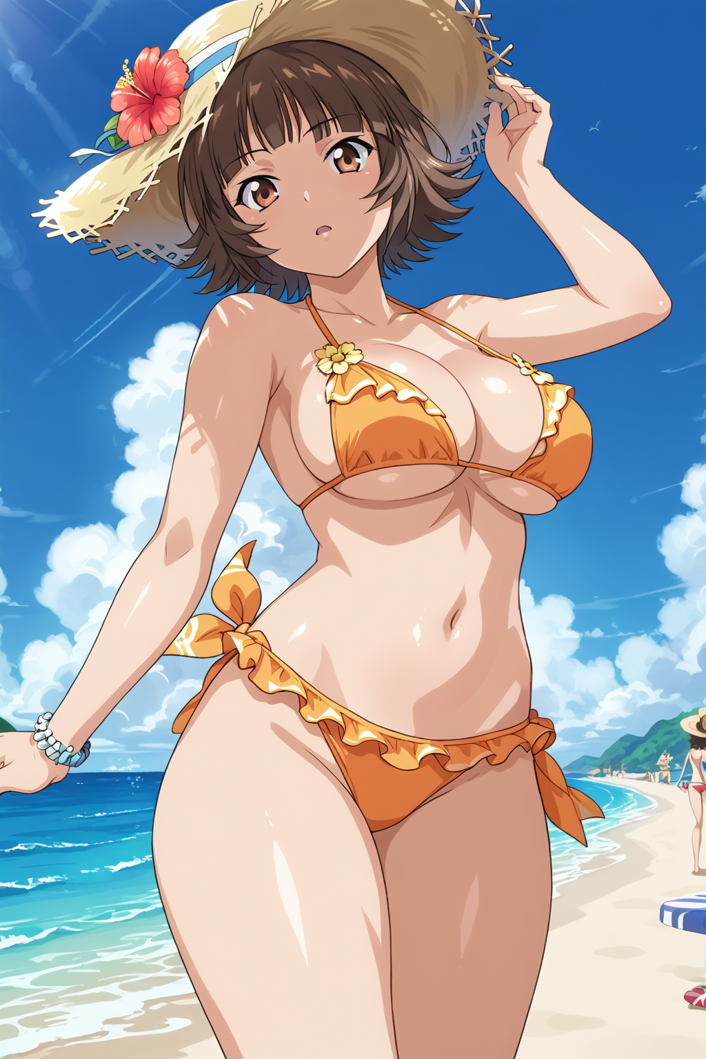 score_9, score_8_up, score_7_up, BREAK source_anime, masterpiece, anime screencap, shiny skin, thick thighs, 
1girl, chouhi ekitoku, short hair, brown hair, brown eyes, large breasts,  <lora:chouhi_pony:0.8>
bikini, straw hat, beach,