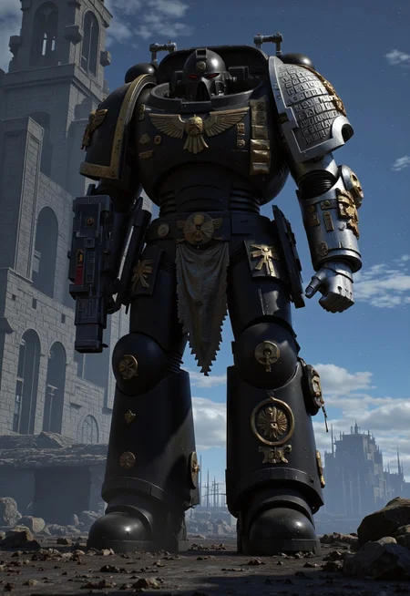 (Masterpiece, ultra-realistic, 32k, best quality, hyper-detailed, cinematic lighting, intricate textures, photorealistic, dramatic composition, immersive depth.)
Golden runes and cybernectic line decorate, Grimmdark, darktale, machanical, Elden rings. Empty space, Interstellar cosmic background.
A brutalist walking Mech, strides across a post-apocalyptic ruin Temple, fighting stance. Its massive armored frame, adorned with gilded plating, pulses with glowing cybernetic runes, blending divine authority with cold mechanical precision. Black mix Golden.
armed with bolter gun.
On the space deck, giant Gothic-mechanical Cathedral nearby.
A dynamic wide-angle shot, with lowkey lighting, deep atmospheric contrast, and high cinematic tension, captures the monumental scale of this gothic-cybernetic war titan.