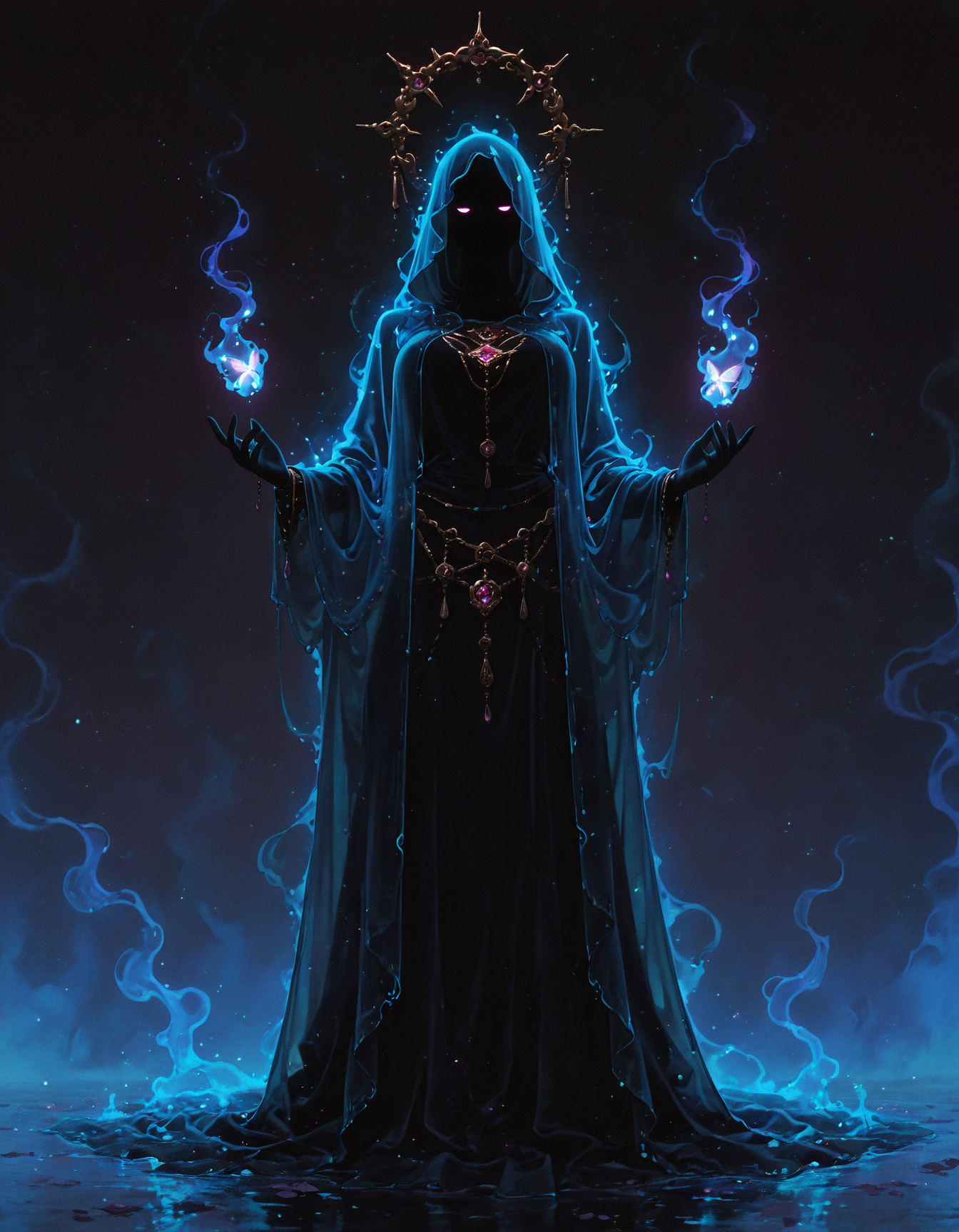 masterpiece, best quality, amazing quality, <lora:DarkFantasy_v3_Buns:0.55>, Spectral Alchemist, translucent cloak, shimmering ethereal flasks, ghostly aura, glowing mist, masterpiece, best quality, amazing quality