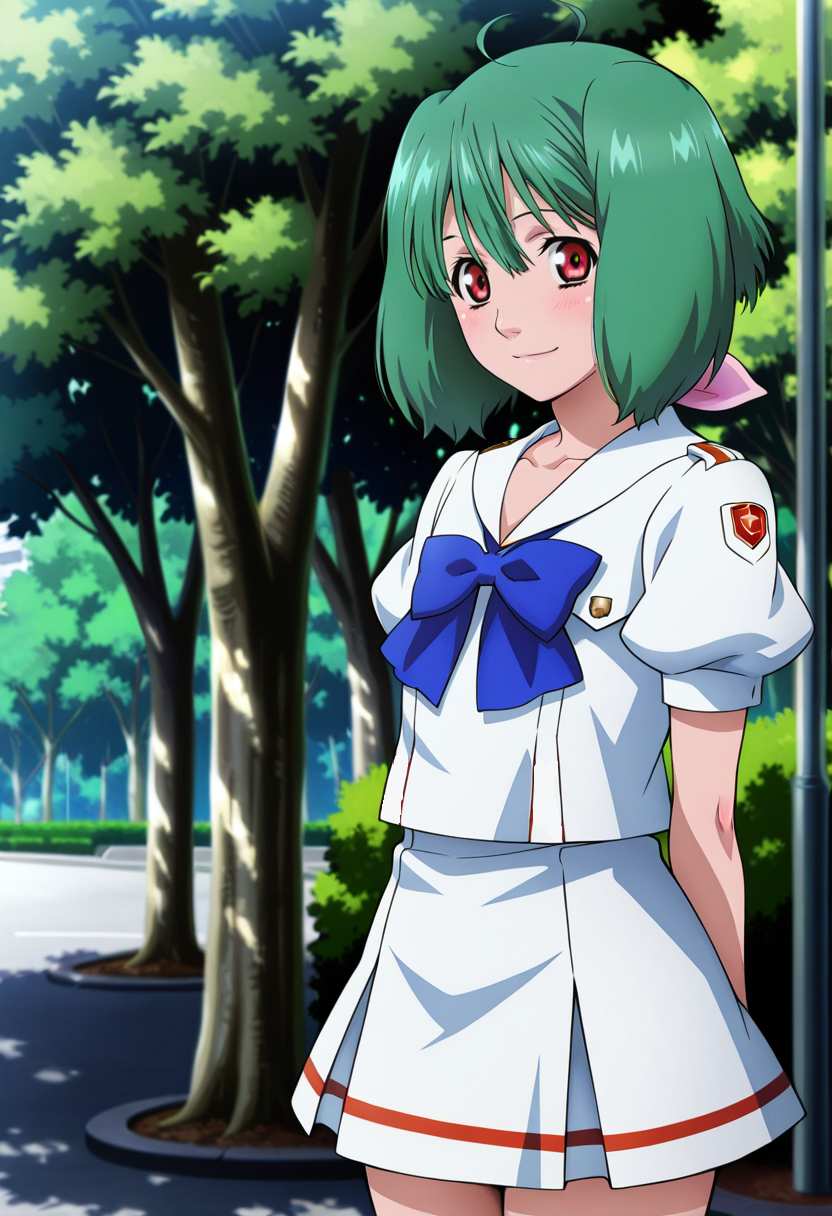 street, park, 
BREAK,
light smile,  looking at viewer, hands behind back,
cowboy shot,
dynamic angle, from side,
BREAK,
 <lora:rankaX_illustriousXL_v01:0.9>
ranka lee, rankamaria, green hair, red eyes, short hair, ahoge, 
collarbone, pleated skirt, school uniform, white skirt, puffy sleeves, short sleeves, blue ribbon,, source_anime, very aesthetic, anime coloring, masterpiece, 
best quality, amazing quality, ultra detailed, very aesthetic, 
detailed background, 
BREAK,