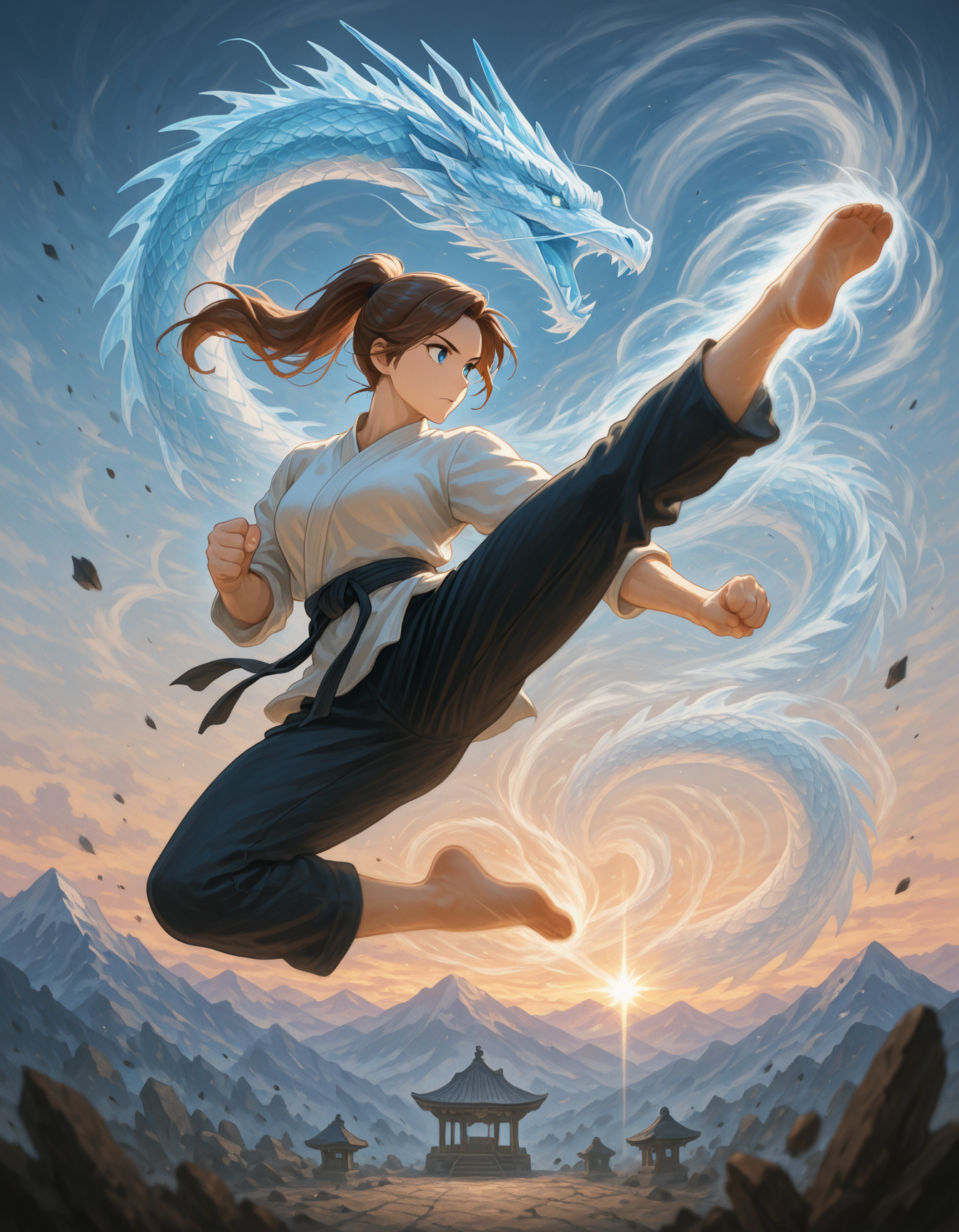 Flatline, Flat vector illustration,,masterpiece, best quality, good quality, very aesthetic, absurdres, newest, 8K, depth of field, focused subject, An acrobatic martial artist leaps into the air, delivering a twisting tornado kick. A semi-transparent wind dragon spirals around their body, centered on the kicking leg. Leaves and debris are caught in the vortex. The background shows a crumbling mountaintop shrine caught in the windstorm. <lora:DragonMartialArtIL:1>  dma