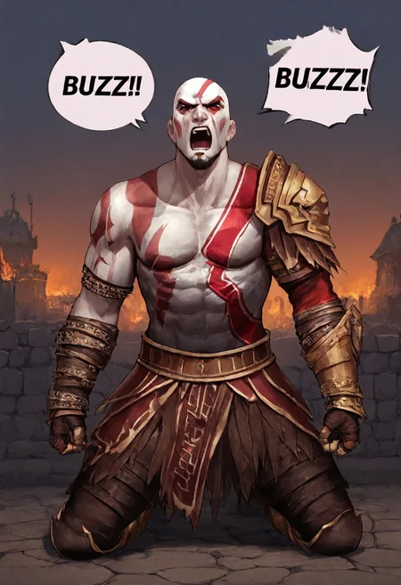 "BUZZ!" speech bubble, screaming, kneeling, 1man, kratos, gauntlets, shoulder armor, war skirt, chest armor, greaves (background, greek City, on fire)