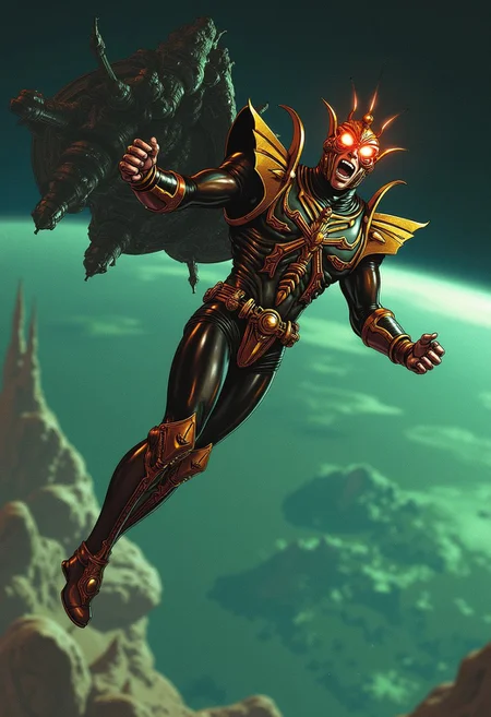 exaggerated, dynamic-pose action, High-quality, saturated backlit well-lit-eyes piercing-eyes, natural-lighting, light reflected in eyes,
BREAK,
The subject is a cosmic Saint Seiya style superhero with a blaster, metal face, fierce expression, power armour in at deco style, armor clad warrior man, ornamented, lean but muscular, clenching teeth in exhaustion, flying in space above planet earth, behind him is a dark and ominous space station,
BREAK,
detailed background, great lighting, atmospheric lighting,
the background features a greenish but mostly dead mountainous landscape.