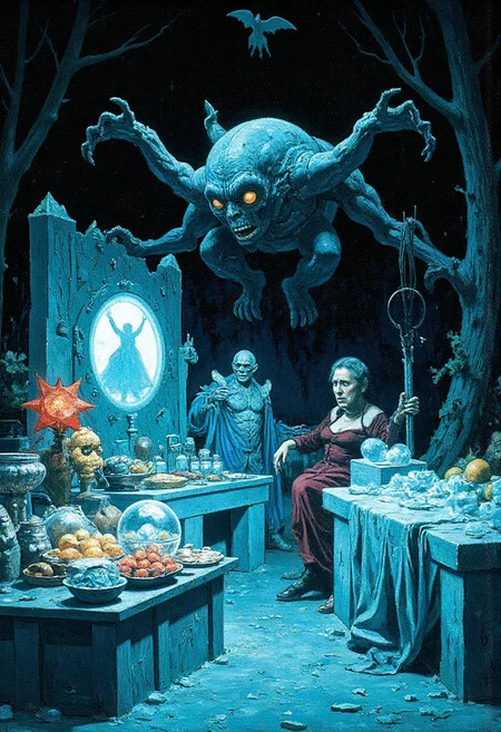 A surreal marketplace nestled in a hidden hollow, where merchants of frost and shadow peddle otherworldly wares, icy stalls made from crystalline shards glow faintly under the pale twilight, goods include cursed snow globes that trap memories, frostbitten animal pelts that whisper secrets, and shimmering frost crystals radiating strange warmth, the merchants are grotesque figures: an ice-sculpted golem with hollow eyes, a hunched hag with frost-covered talons, and a floating specter wrapped in tattered blue silk, the art style combines the grotesque whimsy of Sean Äaberg and the icy detail of Alan Lee, with shimmering blues, pale whites, and vivid highlights of glowing magic.
, Vibrant, grotesque, and surreal with bold contrasts, heavy black outlines, and a blend of dreamlike autumnal hues; a mix of neon, retro, and pagan elements, inspired by Sean Aaberg’s punk-infused, chaotic energy and dreamcore's eerie, nostalgic undertones