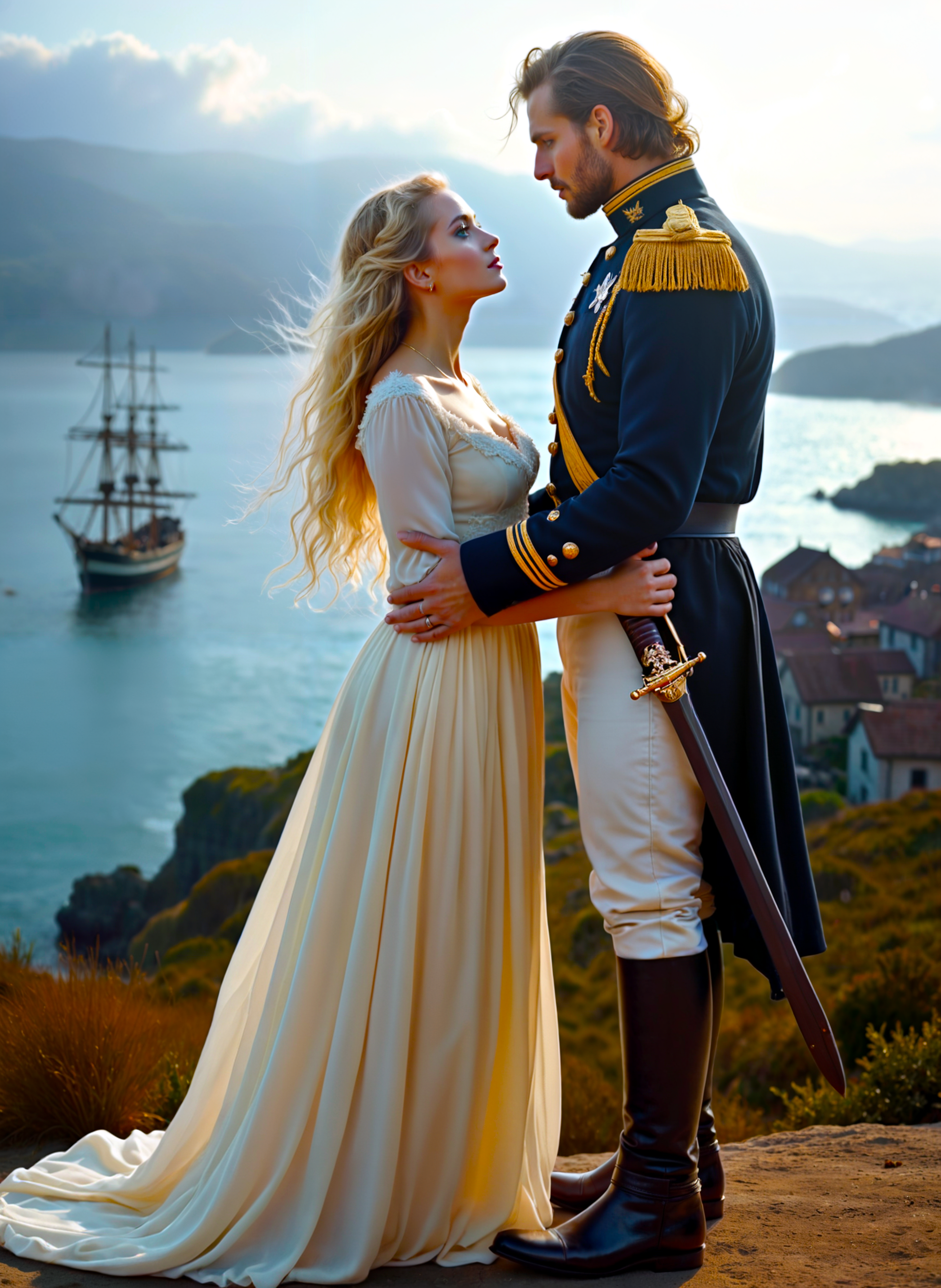 Photograph of a young couple standing on a cliff overlooking the ocean. The man is wearing a navy blue military uniform with gold epaulettes and a white dress with a long train. He has long blonde hair and is holding a sword in his right hand. The woman is standing next to him with her arms around his waist. They are looking at each other with a romantic expression on their faces. In the background, there is a beautiful view of the ocean and a ship sailing on the water. The sky is blue and the sun is setting, casting a warm glow over the scene. The overall mood of the image is romantic and dreamy. <lora:add-detail-xl:.5>  <lora:Flux-style-xl-lora:.5>