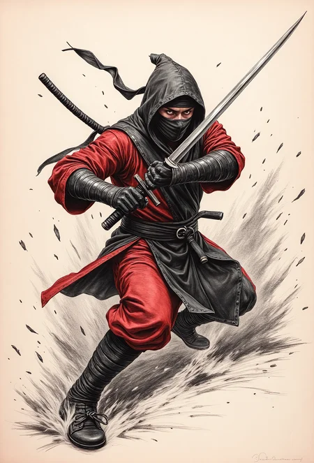 rbcharc0al, traditional medium art, a ninja flying kick while swinging a katana, motion art, highly detailed