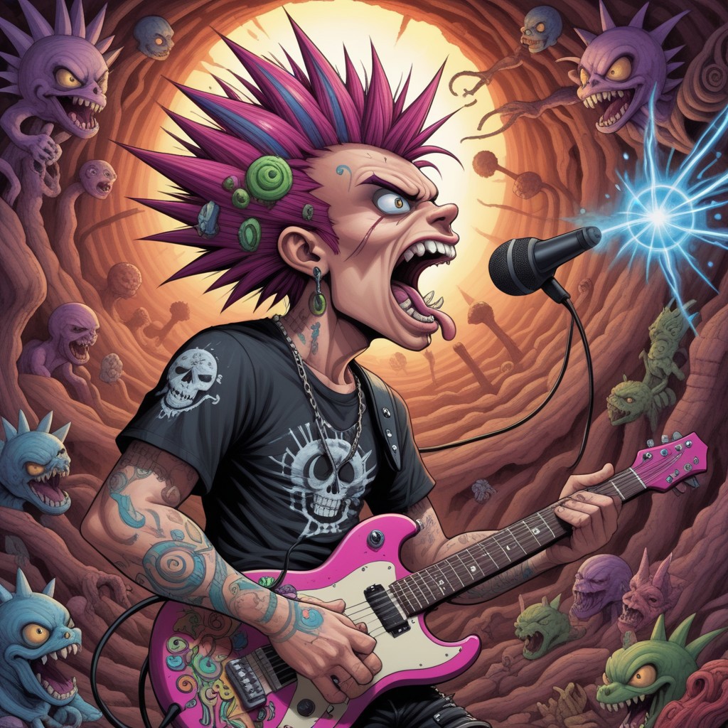 lsd-art, acid-art, trippy,  , scenery, looking at viewer, Punk rocker baseball style head spiked hair playing in guitar screaming into microphone side profile shot whimsical underground art style