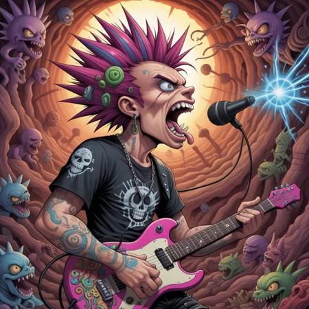lsd-art, acid-art, trippy, , scenery, looking at viewer, Punk rocker baseball style head spiked hair playing in guitar screaming into microphone side profile shot whimsical underground art style