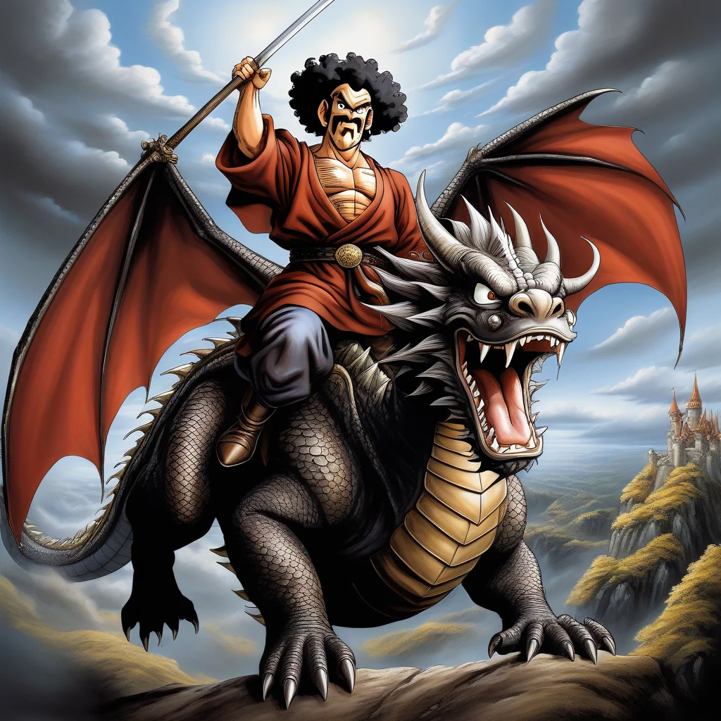 anime illustration by Akira Toriyama,Mr. Satan man, riding a dragon, game of thrones, full length,dramatic oil painting by anglosaxon medieval painter,<lora:mr_satan-000007:0.8>