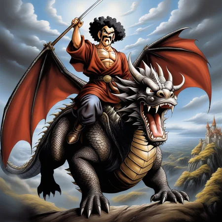 anime illustration by Akira Toriyama,Mr. Satan man, riding a dragon, game of thrones, full length,dramatic oil painting by anglosaxon medieval painter,<lora:mr_satan-000007:0.8>
