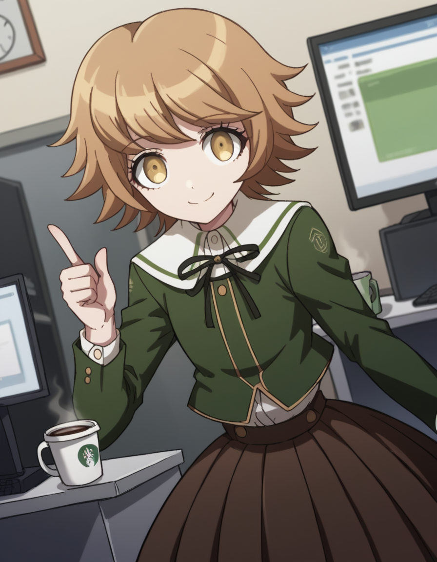 score_9, score_8_up, score_7_up, source_anime, <lora:chihiro-fujisaki-s1-ponyxl-lora-nochekaiser:1>, chihiro fujisaki, short hair, bangs, brown hair, brown eyes, male focus, otoko no ko,, skirt, shirt, long sleeves, ribbon, school uniform, jacket, pleated skirt, black ribbon, neck ribbon, brown skirt, green jacket,, home office, working from home, computer screen, coffee cup, focus, deadline, smile, looking at viewer, hand pointing index finger, solo,, cowboy shot, dutch angle
