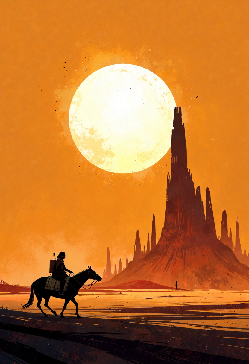 ppstorybook,A sprawling desert under the scorching sun, with towering sand dunes and a lone traveler on horseback, silhouetted against a vast orange sky, captured in high-contrast, dramatic realism with harsh lighting.