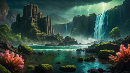 Hyperrealistic art A dark and atmospheric scene inspired by H.P. Lovecraft's "The Call of Cthulhu." In the foreground, the ancient, crumbling city of R'lyeh rises from the depths of the ocean, with its non-Euclidean architecture and impossible angles, covered in seaweed and strange, glowing algae. Towering above the city, the monstrous figure of Cthulhu emerges from the water, his grotesque, squid-like head with writhing tentacles, and massive bat-like wings casting a shadow over the landscape. His eyes glow with a malevolent, otherworldly intelligence. The sky is dark and stormy, with lightning illuminating the chaotic, nightmarish scene. Jagged rocks and towering waves crash around the city, adding to the sense of impending doom. The background features a turbulent ocean and a chaotic, swirling sky filled with dark clouds and flashes of lightning. The atmosphere is filled with a sense of cosmic dread and horror, capturing the terrifying and unfathomable nature of Lovecraft's universe. The overall style is highly detailed and realistic, emphasizing the ancient, alien nature of R'lyeh and the monstrous presence of Cthulhu.
<lora:Enhanced_XL_V1:0.8> enhanced, Hyperrealistic art Hyperrealistic art A stargate bustling futuristic cityscape, floating in post-nuclear war destroyed world with nuclear fallout, creating a juxtaposition between advanced technology and human greed, complete with hyperrealistic detail, cinematic lighting and vibrant colors <lora:world_glass:1>, dynamic, cinematic, masterpiece, intricate, hdr, . Extremely high-resolution detail, photographic, realism taken to the extreme, fine texture, incredibly lifelike . Extremely high-resolution details, photographic, realism pushed to extreme, fine texture, incredibly lifelike, RAW Proffesional Photography of a landscape, Long shot, __Kamera__, (comet:0.1), (flowers:0.1), (water lilies:0.1), (insects:0.1), (animals:0.1), (birds:0.1), (waterfall:0.1), (Fish in water:0.1),(Tundra:0.1), (Desert:0.1), (Rainforest:0.1), (Mountains:0.1), ( Frontal fog:0.1), (Waves:0.1), (Stars:0.1), Sunny, psychedelic, entropy, shallow depth of field detailed background, dark noir style, HDR, RAW, ray tracing reflections, sharp focus, ultra realistic, 12k <lora:add-detail-xl:1>, cinematic photo, a extreme deep underwater world in which occasionally (full body view of a Orca:2.0), coral reefs, algae, underwater plants, colorful fish, The scene features clear water with (random time of day, random weather:1.3), love and entropy are depicted throughout the scene, with mini insects and microcosms complementing the detailed background, HDR, RAW, ray-traced reflections, sharp focus and ultra-realistic detail, 35mm photograph, film, bokeh, professional, 4k, highly detailed
<lora:SDXLHighDetail_v5:1> <lora:more_details:1>, nsfw, Raw poster, concept art, landscape, psychedelic, Raw poster, concept art, landscape, psychedelic, depicting a two-part scenario of the same scene: in the upper half, a dark magic ocean lonely islands with palms, coconut trees, waterfalls, flowers, insects, birds, where dolphins play in the waves and the occasional shark fin breaks the surface; transitioning seamlessly into the lower half, a microcosm of an very deep and very dark underwater world with (colorful fish, mystical lights, coral reefs, seaweed, underwater plants:1.3), and occasional (orcas:0.9) and sharks gliding through the depths., foggy, random weather, random daytime, (love:1.3), (spring saeson in the ball:1.3), entropy, (mini insect:0.1), shallow depth of field detailed background, sunshaft, surreal, dark noir style, HDR, RAW, ray tracing reflections, sharp focus, ultra realistic, 12k
<lora:dreamcolor:0.3> <lora:EDG_-_Test_Lora:0.3> <lora:more_details:0.3>, Raw poster, concept art, landscape, psychedelic, Cloudy,Twilight, Crescent moonlight,beautiful waterfall in the middle of a forest, swiss landscapes, (love:1.1), Ice fog, entropy, (mini insect:0.1), (shallow depth of field detailed background:1.2), dark noir style, HDR, ray tracing reflections, sharp focus, ultra realistic, 12k <lora:add-detail-xl:1><lora:LowRA:1> <lora:more_details:1> ,m0nst3rfy3 <lora:m0nst3rfy3(0.5-1)M:1>, <lora:SDXLHighDetail_v5:1> . Extremely high-resolution details, photographic, realism pushed to extreme, fine texture, incredibly lifelike