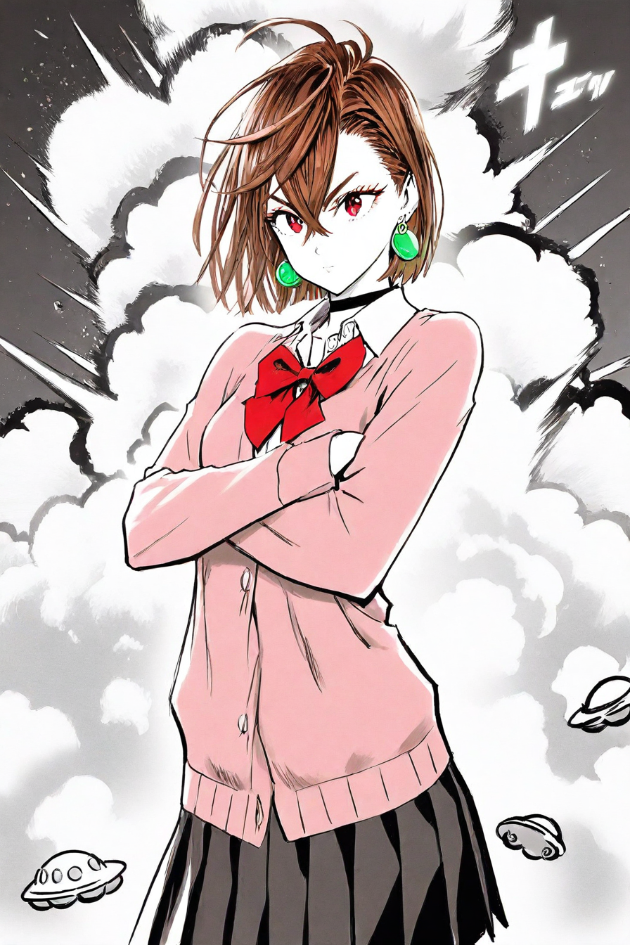 <lora:ayase_momo-koto-Illustrious v01:0.4> ayasemomo, hair between eyes, crossed bangs, green earrings,  brown hair, red eyes, black choker, short hair, white shirt, red bowtie,pleated skirt,school uniform, pink cardigan, long sleeves, ufo, explosion, 1girl, solo, alone, <lora:yusuke_murata_style_illustriousXL:1>, yusuke_murata_style, masterpiece, highres, monochrome, greyscale