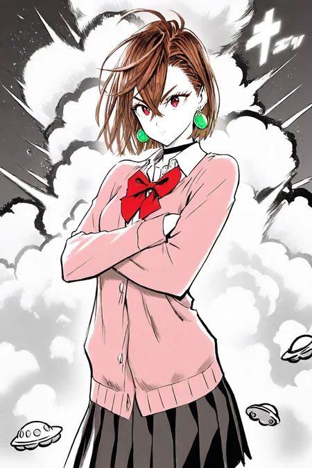 <lora:ayase_momo-koto-Illustrious v01:0.4> ayasemomo, hair between eyes, crossed bangs, green earrings, brown hair, red eyes, black choker, short hair, white shirt, red bowtie,pleated skirt,school uniform, pink cardigan, long sleeves, ufo, explosion, 1girl, solo, alone, <lora:yusuke_murata_style_illustriousXL:1>, yusuke_murata_style, masterpiece, highres, monochrome, greyscale