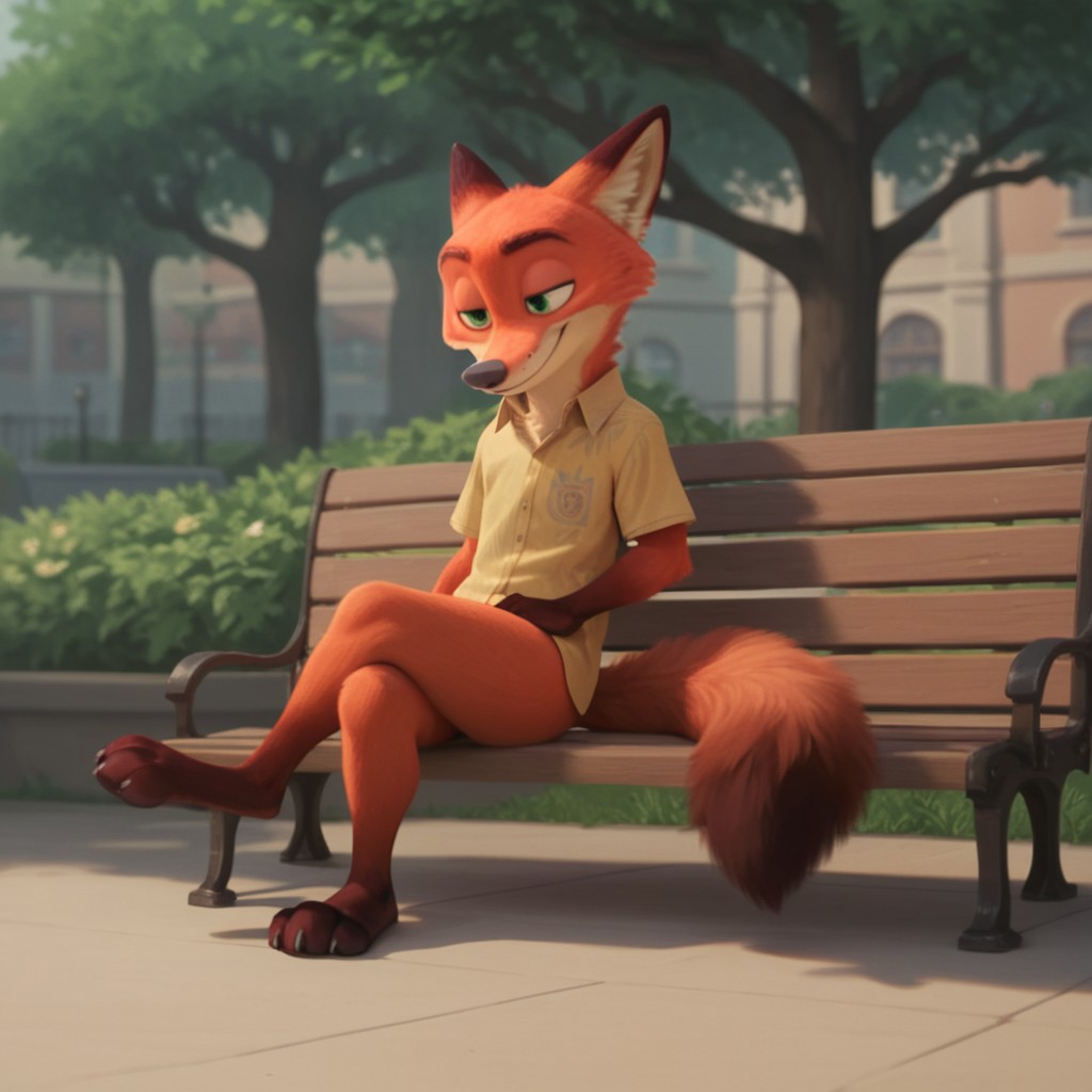 score_9, score_8_up, score_7_up, score_6_up, score_5_up, score_4_up, source_furry, WildeNickzt, anthro, male, fox, orange fur, green eyes, sitting, on a park bench, crossed legs, smile, no pants