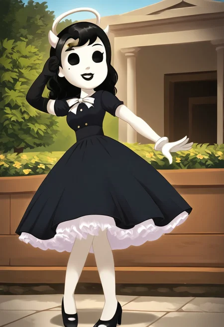(Masterpiece, best quality:1.2), score_9, score_8_up, flat color, flat shading, soft shading, lighting, Alice Angel in a 1950's dress with a button down top, a fluffy frilly ruffled full petticoat, and high heels, dress, layered petticoat, frilly petticoat, fluffy petticoat, full petticoat, wide dress, flowing dress, long skirt, solid colored skirt, short sleeves, black hair, Bendy and The Ink Machine, series accurate, cute, best high quality, high res, black lips, white colored skin, whole body shot, 1girl, solo, outside, standing straight, in a garden, cute, adorable, smile, low angle shot, cartoon, cartoon style, vector, solo, circle dress, 1950s, alice angel