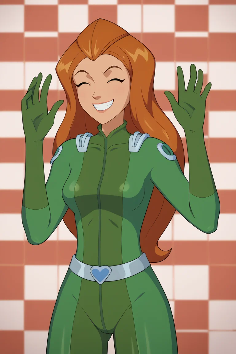 score_9, score_8_up, score_7_up, BREAK, <lora:cummybender-guy-PONYv1:1>, 1girl, solo, <lora:brj-sam-ponyXL-v0.5:0.95> sam \(totally spies\), orange hair, long hair, green eyes, green bodysuit, belt, checkered background, closed eyes, excited, smile,