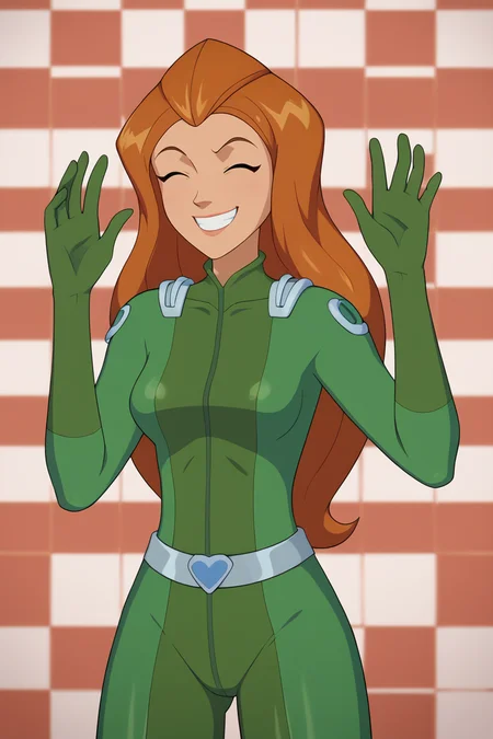 score_9, score_8_up, score_7_up, BREAK, <lora:cummybender-guy-PONYv1:1>, 1girl, solo, <lora:brj-sam-ponyXL-v0.5:0.95> sam \(totally spies\), orange hair, long hair, green eyes, green bodysuit, belt, checkered background, closed eyes, excited, smile,