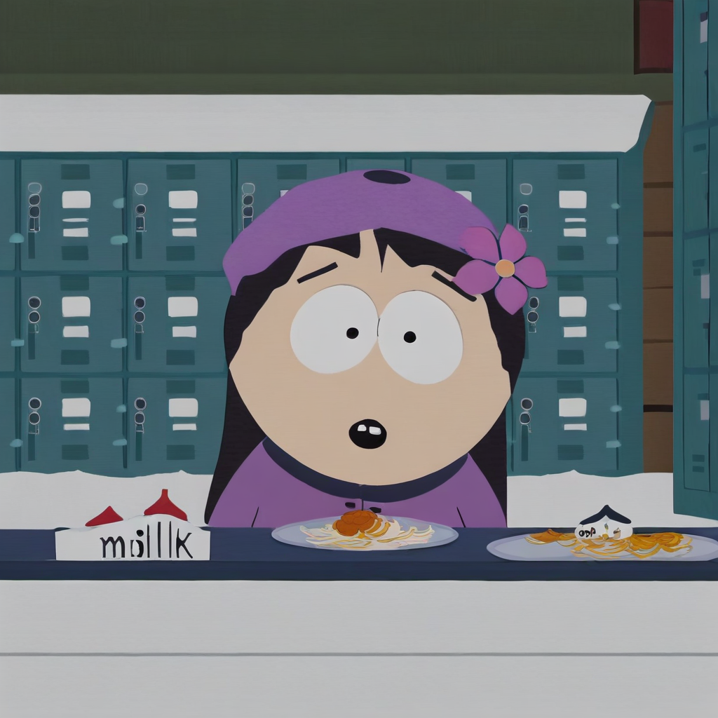 wendy testaburger from south park, 1girl child, black dot eyes, long black hair,
light pink beret, light purple jacket with navy blue trim, navy blue gloves, and yellow trousers,
pasta, snow, spaghetti, :o, navy blue gloves, flower, navel, locker, plate