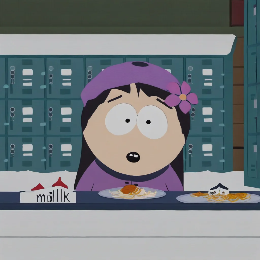 wendy testaburger from south park, 1girl child, black dot eyes, long black hair,
light pink beret, light purple jacket with navy blue trim, navy blue gloves, and yellow trousers,
pasta, snow, spaghetti, :o, navy blue gloves, flower, navel, locker, plate