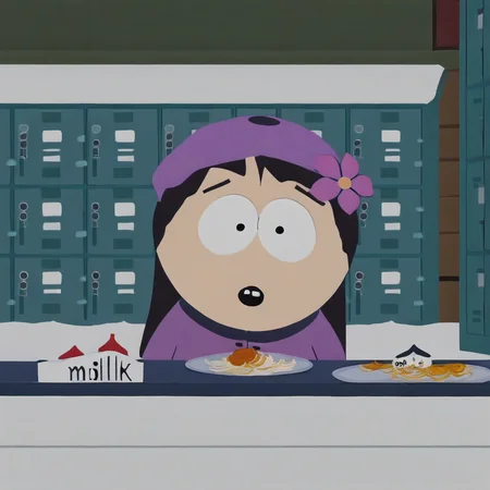 wendy testaburger from south park, 1girl child, black dot eyes, long black hair,
light pink beret, light purple jacket with navy blue trim, navy blue gloves, and yellow trousers,
pasta, snow, spaghetti, :o, navy blue gloves, flower, navel, locker, plate