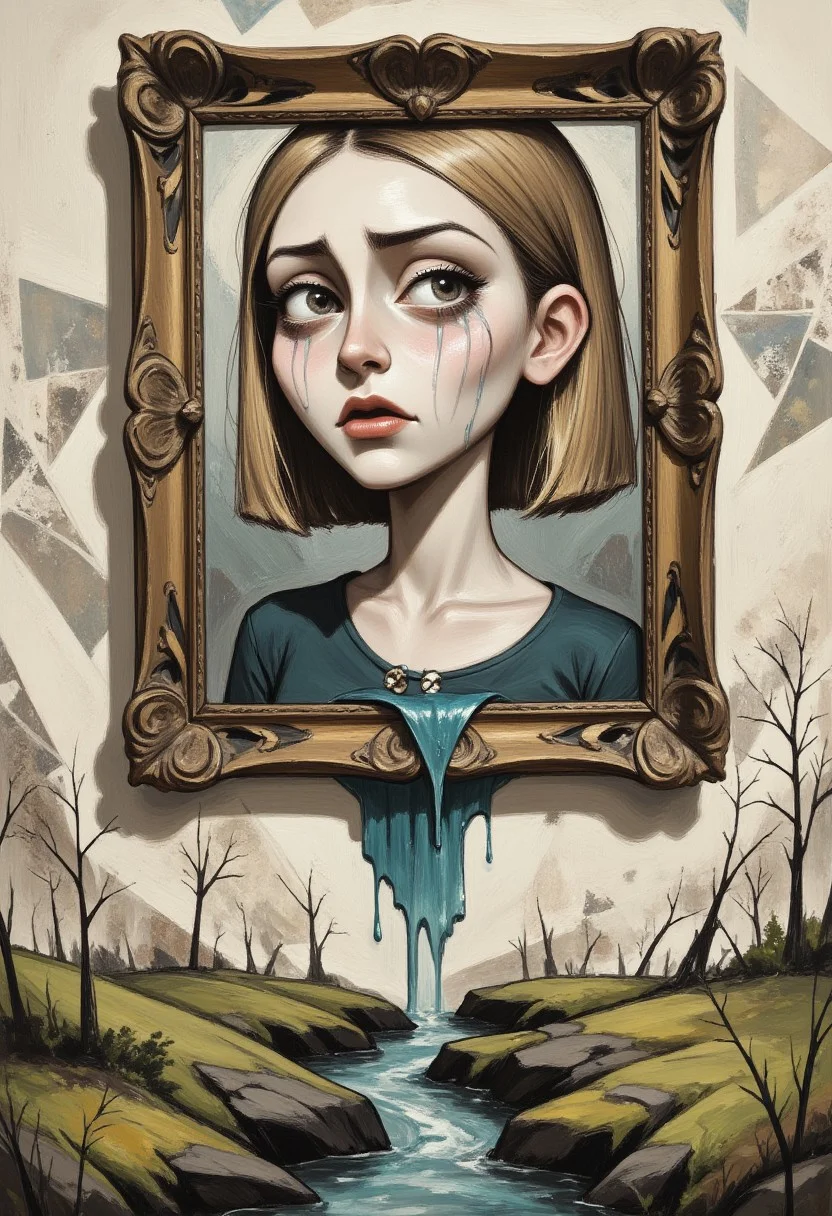 painting of a A girl is crying with tears frame to a wall, the tears come out of the painting to create a small river,pst012