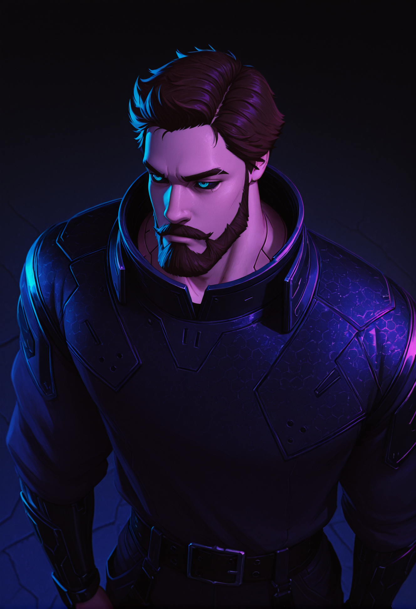 neonpunk style concept art (masterpiece,best quality,amazing quality,absurdres),
<lora:iluha:0.8> iluha, 1boy, male focus, beard, brown hair, solo, facial hair, blue eyes, mustache, short hair, thick eyebrows,  punk armor, belt, city background, black sclera, dark background,
 <lora:NOOB_vp1_detailer_by_volnovik_v1:1> <lora:illustrious_quality_modifiers_masterpieces_v1:1>  (cyberpunk:1.2) <lora:illustrious_h_v2:0.5> <lora:DarkerThanBlackIllustrious:0.7> naight, from above . digital artwork, illustrative, painterly, matte painting, highly detailed . cyberpunk, vaporwave, neon, vibes, vibrant, stunningly beautiful, crisp, detailed, sleek, ultramodern, magenta highlights, dark purple shadows, high contrast, cinematic, ultra detailed, intricate, professional