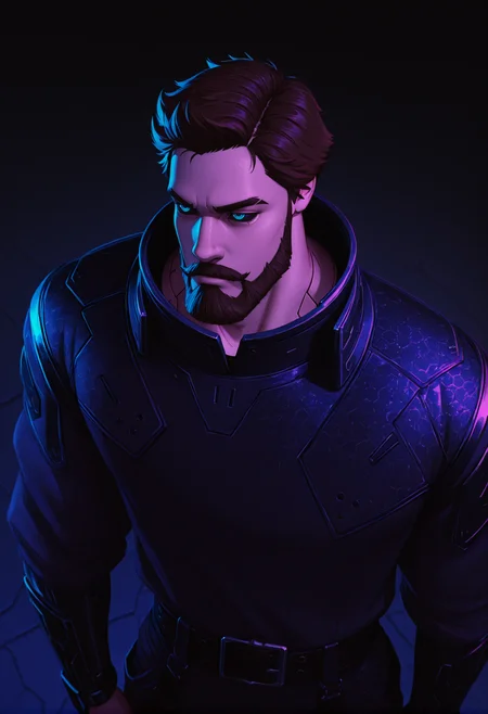 neonpunk style concept art (masterpiece,best quality,amazing quality,absurdres),
<lora:iluha:0.8> iluha, 1boy, male focus, beard, brown hair, solo, facial hair, blue eyes, mustache, short hair, thick eyebrows, punk armor, belt, city background, black sclera, dark background,
<lora:NOOB_vp1_detailer_by_volnovik_v1:1> <lora:illustrious_quality_modifiers_masterpieces_v1:1> (cyberpunk:1.2) <lora:illustrious_h_v2:0.5> <lora:DarkerThanBlackIllustrious:0.7> naight, from above . digital artwork, illustrative, painterly, matte painting, highly detailed . cyberpunk, vaporwave, neon, vibes, vibrant, stunningly beautiful, crisp, detailed, sleek, ultramodern, magenta highlights, dark purple shadows, high contrast, cinematic, ultra detailed, intricate, professional