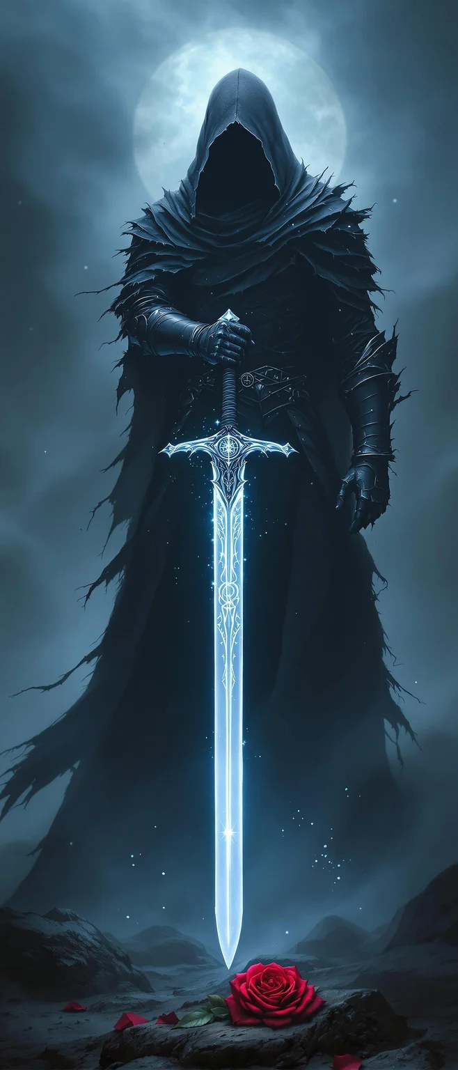 From swirling mist, a towering hooded knight emerges like a specter from legend. His silhouette cuts through the fog, exuding power and enigma. Cloaked in black, its tattered edges billow dramatically, whispering tales of battles fought. In his gauntleted hand, he grips a magnificent longsword catching pale moonlight. Intricate runes spiral along the blade, glowing with otherworldly energy that pulses like a heartbeat.
At his armored feet lies a solitary blood-red rose, vibrant against the bleak landscapeāa beacon of life amid darkness. His face remains hidden in his hood's shadows, intensifying the mystery and menace. Ethereal wisps of spectral energy coil around his armor, suggesting a connection to realms beyond mortal comprehension.
The scene is bathed in cold, blue-tinged light, casting sharp contrasts highlighting his otherworldly essence. Deep shadows at the frame's edges add depth, focusing the eye on the central figure. The composition balances the sharp lines of his armor and sword against the soft curves of the rose and mist, creating a visually arresting tableau that juxtaposes strength with fragility, culminating in an epic portrayal resonating with awe.