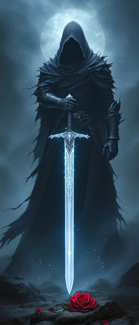 From swirling mist, a towering hooded knight emerges like a specter from legend. His silhouette cuts through the fog, exuding power and enigma. Cloaked in black, its tattered edges billow dramatically, whispering tales of battles fought. In his gauntleted hand, he grips a magnificent longsword catching pale moonlight. Intricate runes spiral along the blade, glowing with otherworldly energy that pulses like a heartbeat.
At his armored feet lies a solitary blood-red rose, vibrant against the bleak landscape—a beacon of life amid darkness. His face remains hidden in his hood's shadows, intensifying the mystery and menace. Ethereal wisps of spectral energy coil around his armor, suggesting a connection to realms beyond mortal comprehension.
The scene is bathed in cold, blue-tinged light, casting sharp contrasts highlighting his otherworldly essence. Deep shadows at the frame's edges add depth, focusing the eye on the central figure. The composition balances the sharp lines of his armor and sword against the soft curves of the rose and mist, creating a visually arresting tableau that juxtaposes strength with fragility, culminating in an epic portrayal resonating with awe.