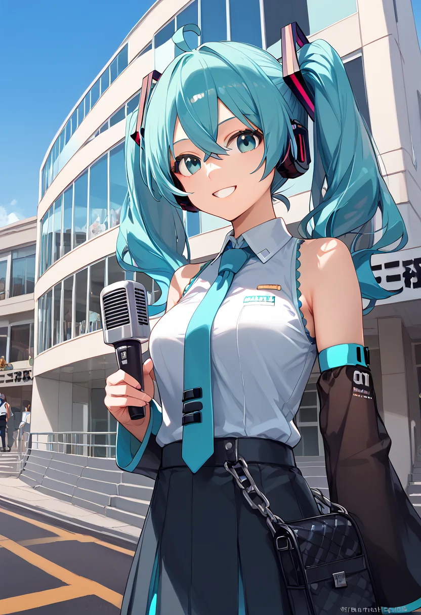 score_9, score_8_up, score_7_up,  
<lora:niconico_Pony_V1:1>niconicohonsya, (three-storey building), blue sky, fence,lamppost, outdoors, power lines, road, scenery, shadow, sign, simple background, sky, stairs, street, traffic light, watermark, wide shot, window ,
mikuhatsune, <lora:miku-hatsune-ponyxl-lora-nochekaiser:0.9>,
miku hatsune, ahoge, aqua eyes, aqua hair, crossed bangs, hair between eyes, hair ornament, headphones, long hair, twintails, mature female,
aqua necktie, black footwear, black sleeves, collared shirt, detached sleeves, grey shirt, necktie, shirt, sleeveless, sleeveless shirt, 
Smiling, holding a microphone, reporter, news footage,(upper body:1.3)