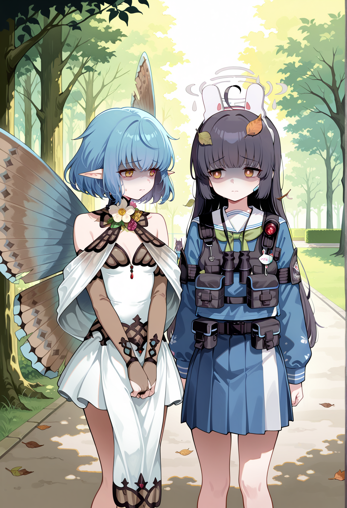 2girls, take your pick, outdoors, park, sad, looking to the side, tired, depressed, shaded face, leaf, 1girl, short hair, blue hair, pointy ears, yellow eyes, short dress, bare shoulders, flower ornament, bridal gauntlets, moth wings, damaged wings, small breasts  <lora:Hope_FGO:0.9> forest, standing
BREAK
2girls, take your pick, outdoors, park, sad, looking to the side, tired, depressed, shaded face, leaf, 1girl, miyu \(blue archive\), standing, vest, pleated skirt,, masterpiece, best quality, amazing quality, very aesthetic, absurdres, highres, newest