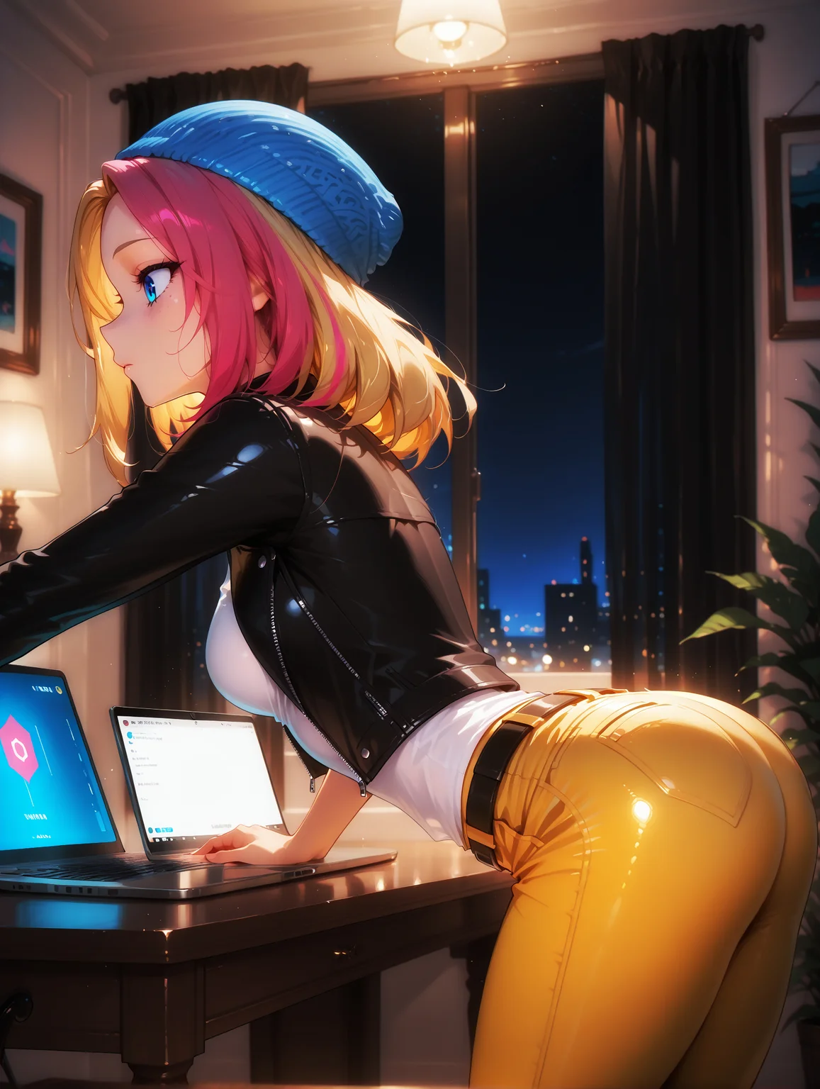 masterpiece, best quality, amazing quality, very aesthetic, detailed eyes, perfect eyes, amazing quality, solo, imtdzoeillus, 1girl, blonde hair, multicolored hair, two-tone hair, blue eyes, pink hair, leather jacket, beanie, blue headwear, hat, shirt, black jacket, pants, yellow pants, white shirt, light freckles, medium breast, belt, cowboy shot, from side, profile, bent over, ass, using a laptop, laptop on a table, in the living room, armchairs, abstract paintings on the walls, window, curtains, night, dim light, concentrated, looking at the laptop, black floor, white walls