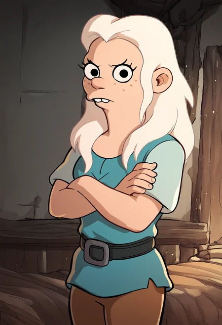 <lora:BeanPony2.0:0.9> tiabeanie, white hair, 1girl, long hair, buck teeth, solo, freckles, blue tunic, belt, brown pants, black eyes, looking at viewer,crossed arms, score_9, score_8_up, score_7_up, score_6_up, score_5_up, score_4_up,indoors,