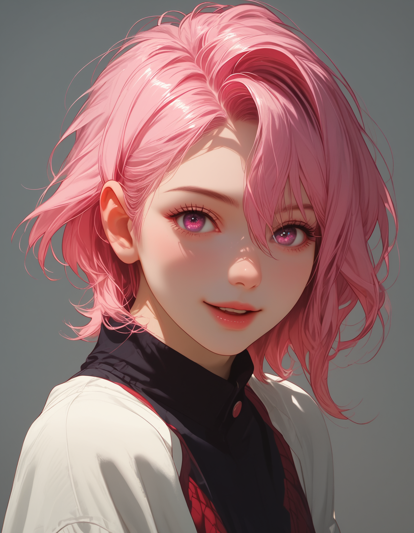 zPDXLxxx, Expressiveh, 

shiratori aira, pink hair, short hair, pink eyes, solo, open mouth, 1girl, hair between eyes, looking at viewer, long sleeves, jacket, school uniform,

small breasts, natural sagging breasts,

score_9, score_8_up, score_7_up,score_6_up,

highres, high quality, perfection, masterpiece, detailed, source_anime, simple white background, 1girl, solo, front view portrait, face focus, intricate features, beautiful girl, young adult, youthful, petite body, detailed face, beautiful face, innocent face, eyelashes, perfect eyes, detailed eyes, medium breasts, clothed, standing, smiling, looking at viewer,