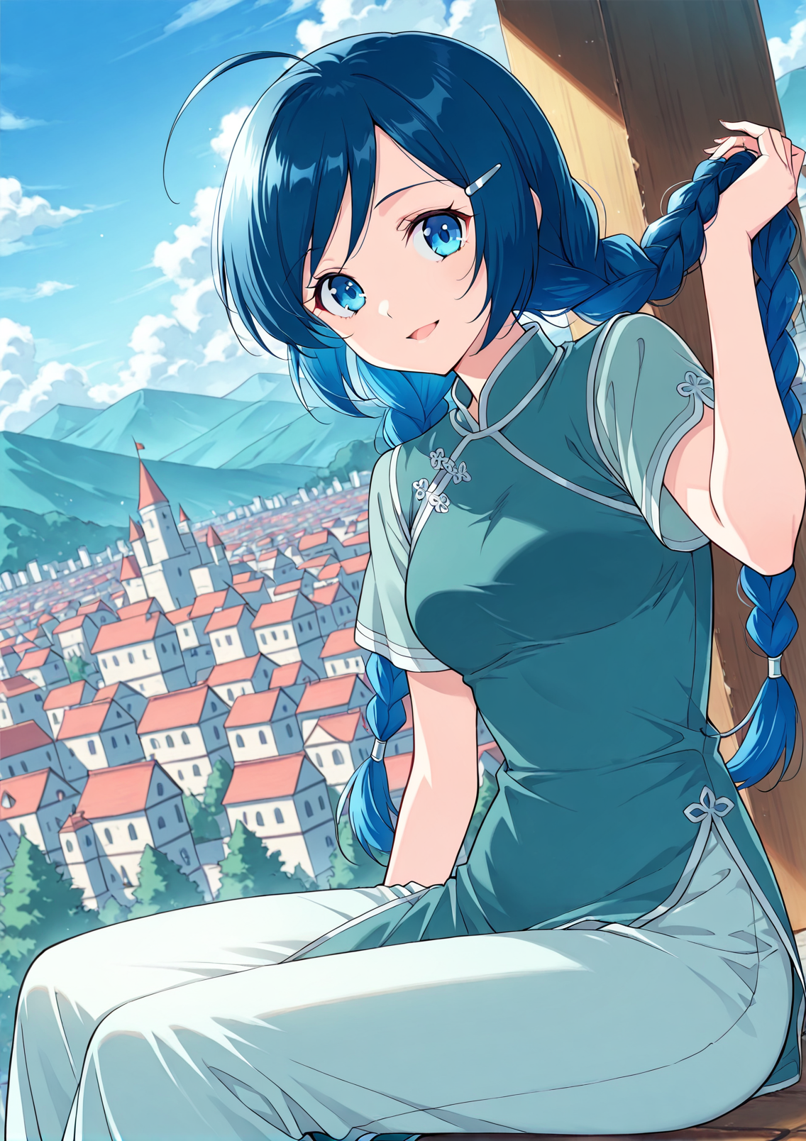 <lora:Ling-Er__Battle_Through_the_Heavens__Illustrious:1>
1 girl, solo, blue eyes, blue hair, braid, twin braids, long hair, ahoge, chinese clothes, short sleeves, hair ornament, hairclip, 
score_9, score_8_up, score_7_up, very aesthetic, source_anime, detailed, high quality, beautiful, masterpiece, detailed eyes, castle, village, blurry background, cityscape, pose dynamic angle, light smile, open mouth, hand on hair, sitting