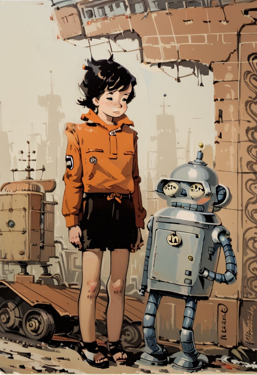 drawn, flat_cartoon_style, Mignstl, 1girl: robot Bender looks aside